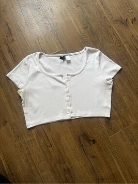 White Button Front Crop Top Ribbed Short Sleeve Henley Blouse